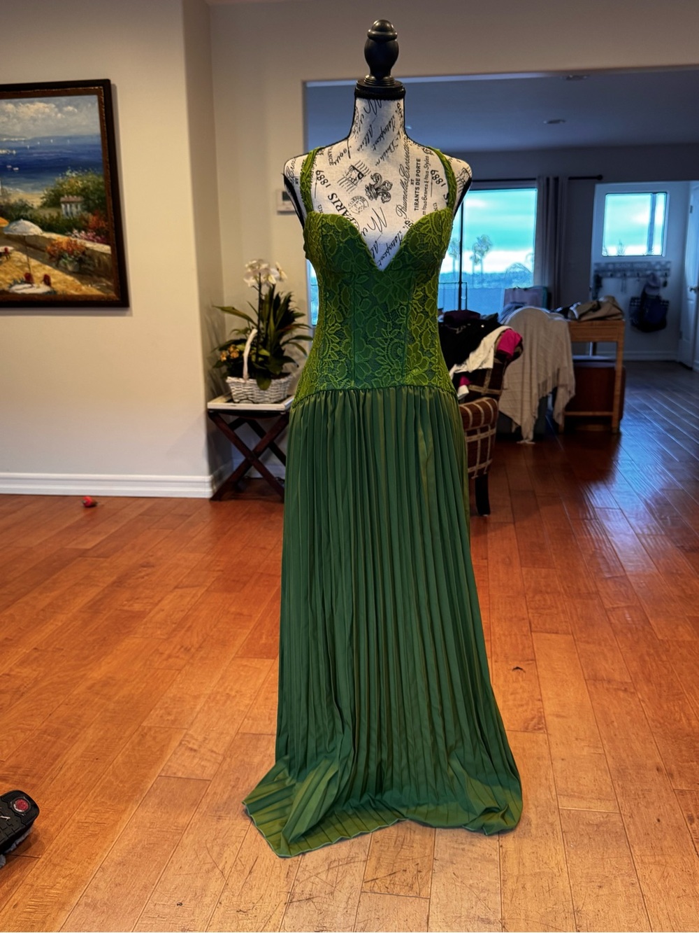 Olive Green Lace Bodice Pleated Maxi Dress